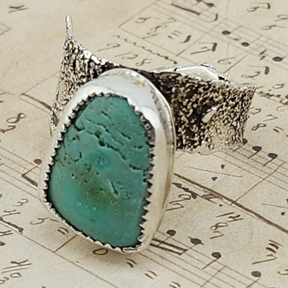 TURQUOISE RING HANDMADE IN RECYCLED STERLING SILVER BRUTALIST STYLE SZ 9